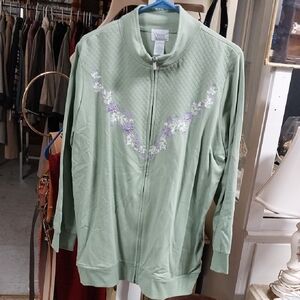 Only Necessities Women's Light Green Jacket with Purple Floral Design